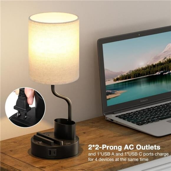 Set of 2 bedside table lamps with USB C AC outlets phone stand pen holder lighti - Picture 4 of 7